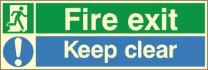 Luminous Fire Exit (Running Man) & Keep Clear Sign 300mm x 100mm (Green/Blue)