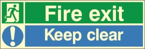 Luminous Fire Exit (Running Man) & Keep Clear Sign 400mm x 150mm (Green/Blue)