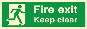 Luminous Fire Exit (Running Man) & Keep Clear Sign 300mm x 100mm (Green)
