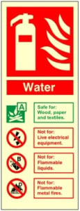 Photoluminescent (Luminous) Water Fire Extinguisher Identification Sign C/W Self Adhesive