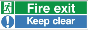 300mm Wide x 100mm High White Fire Exit (Running Man) & Keep Clear Sign C/W Self Adhesive