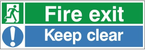 400mm Wide x 150mm High White Fire Exit (Running Man) & Keep Clear Sign C/W Self Adhesive