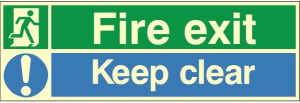 300mm Wide x 100mm High Luminous Fire Exit (Running Man) & Keep Clear Sign C/W Self Adhesive