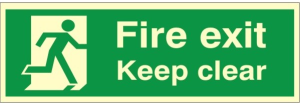 300mm Wide x 100mm High Luminous Fire Exit (Running Man) & Keep Clear Sign C/W Self Adhesive