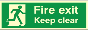400mm Wide x 150mm High Luminous Fire Exit (Running Man) & Keep Clear Sign C/W Self Adhesive