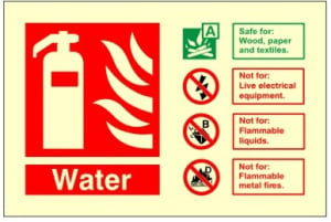 Photoluminescent (Luminous) Water Fire Extinguisher Identification Sign C/W Self Adhesive