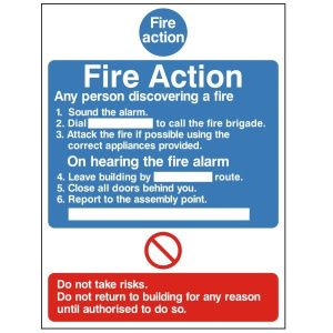 White 6 Point Fire Action Notice Sign 150mm Wide x 200mm High