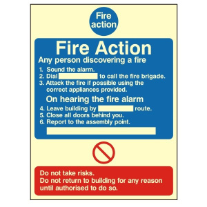 Luminous 6 Point Fire Action Notice Sign 150mm Wide x 200mm High