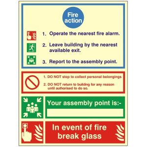 Luminous 3 Step 4 Block Fire Action Notice Sign 150mm Wide x 200mm High