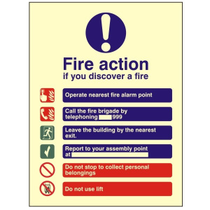 Luminous Fire Action Notice Sign 150mm Wide x 200mm High