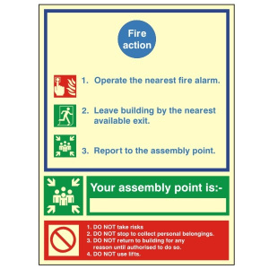 Photoluminescent (Luminous) Rigid PVC C/W Self Adhesive Backing Fire Action Notice Sign 150mm Wide x 200mm High