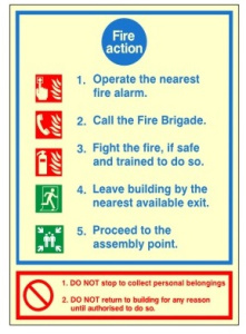 Luminous Fire Action Notice Sign 150mm Wide x 200mm High