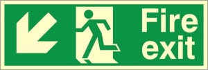 Luminous Self Adhesive Fire Exit Down & Left Running Man Sign 300x100mm