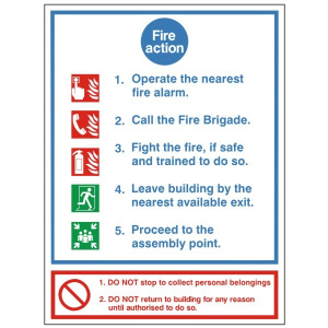 White Fire Action Notice Sign 200mm Wide x 300mm High