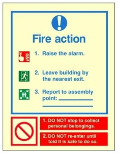 Photoluminescent Fire Action Notice Sign 150mm Wide x 200m High