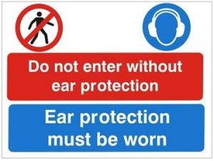 White Rigid PVC Do Not Enter Without Ear Protection / Protection Must Be Worn Sign 400mm Wide x 300mm High
