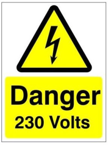 White Rigid PVC Danger 230 Volts Sign 150mm Wide x 200mm High