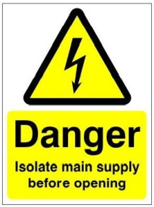 White Rigid PVC Danger Isolate Main Supply Before Opening Sign 150mm Wide x 200mm High