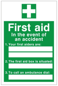 White Rigid PVC First Aid / In The Event Of An Accident Sign 200mm Wide x 300mm High