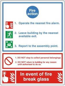 White Fire Action Notice Sign 200mm Wide x 300mm High
