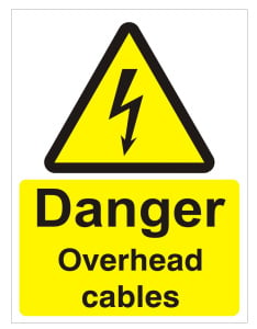 White Rigid PVC Danger Overhead Cables Sign - 300mm Wide x 400mm High