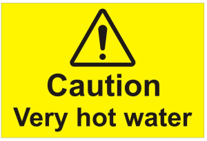 Caution Very Hot Water Sign - 75mm Wide x 50mm High 