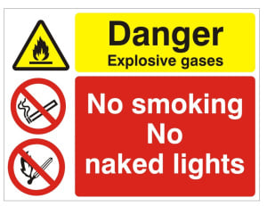White Rigid PVC Danger Explosive Gases, No Smoking No Naked Lights Sign - Various Sizes Available 