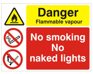 White Rigid PVC Danger Flammable Vapour, No Smoking No Naked Lights Sign - Various Sizes Available 