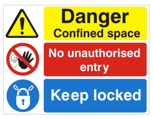 White Rigid PVC Danger Confined Space, Keep Locked Sign - 400mm Wide x 300mm High