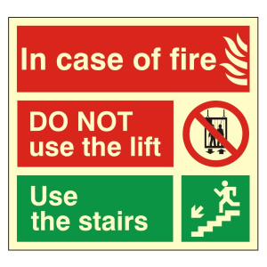 Photoluminescent (Luminous) Rigid PVC In Case Of Fire DO NOT Use The Lift Sign 150mm Wide x 150mm High