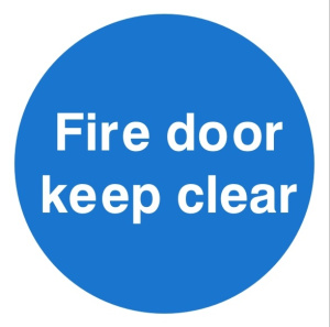 Fire Door Keep Clear Sign C/W Self Adhesive 100mm x 100mm