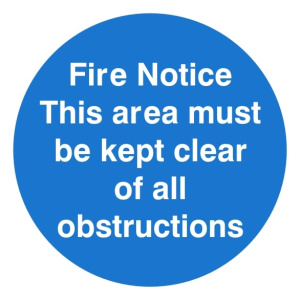 Fire Notice This Area Must Be Kept Clear Of All Obstructions C/W Self Adhesive 100mm x 100mm
